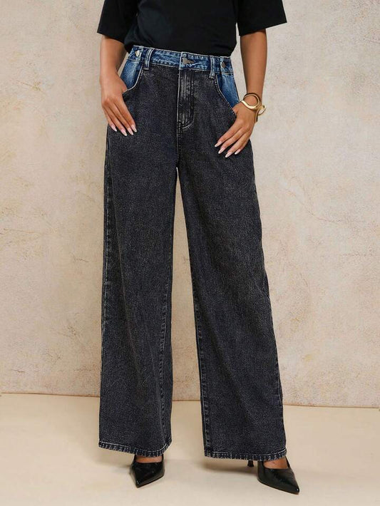 CM-BS870220 Women Casual Seoul Style Mid Waist Contrast Color Pocket Loose Straight Leg Jeans - Dark Gray