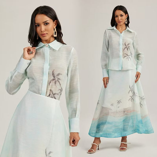 CM-SY044425 Women Elegant European Style Collar Neckline Long Sleeve Blouse With Long Skirt - Set