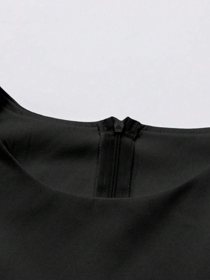 CM-JS286526 Women Elegant Seoul Style Round Neck Cloak Sleeve Cinched Waist High Waist Jumpsuit - Black