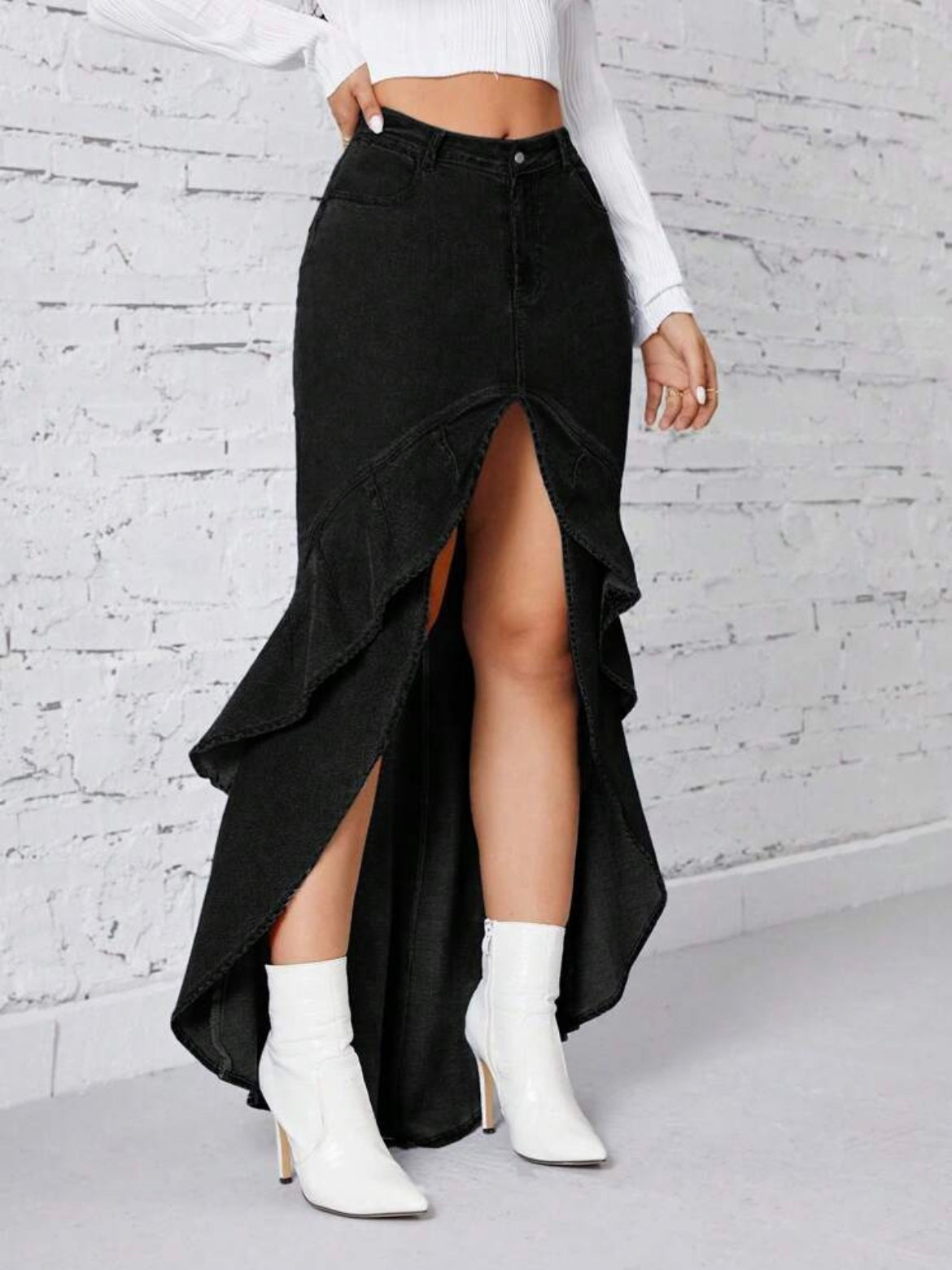 CM-BS844664 Women Casual Seoul Style Asymmetrical Ruffled Hem Side Slit Long Denim Skirt - Black