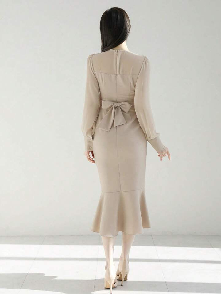 CM-DS531451 Women Elegant Seoul Style Solid Button Detail Long Sleeve Mermaid Hem Dress