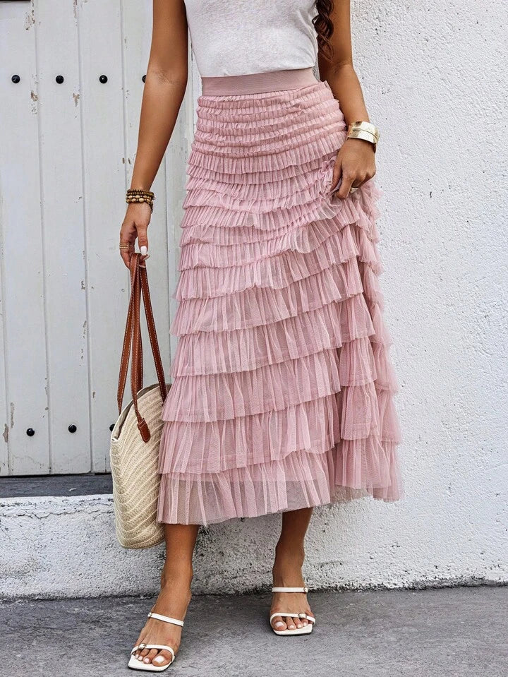 CM-BS003330 Women Casual Seoul Style High Waist Multilayer Mesh Tulle Skirt - Dusty Pink