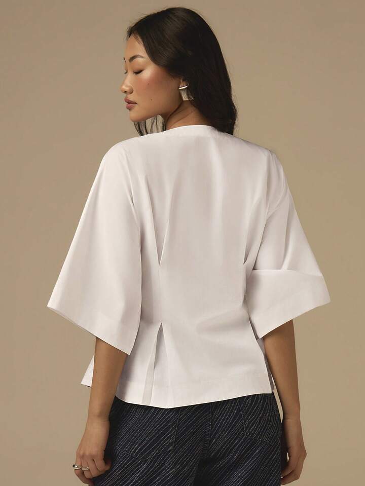 CM-TS905303 Women Casual Seoul Style Solid Color Round Neck Pleated Waist 3/4 Sleeve Blouse - White