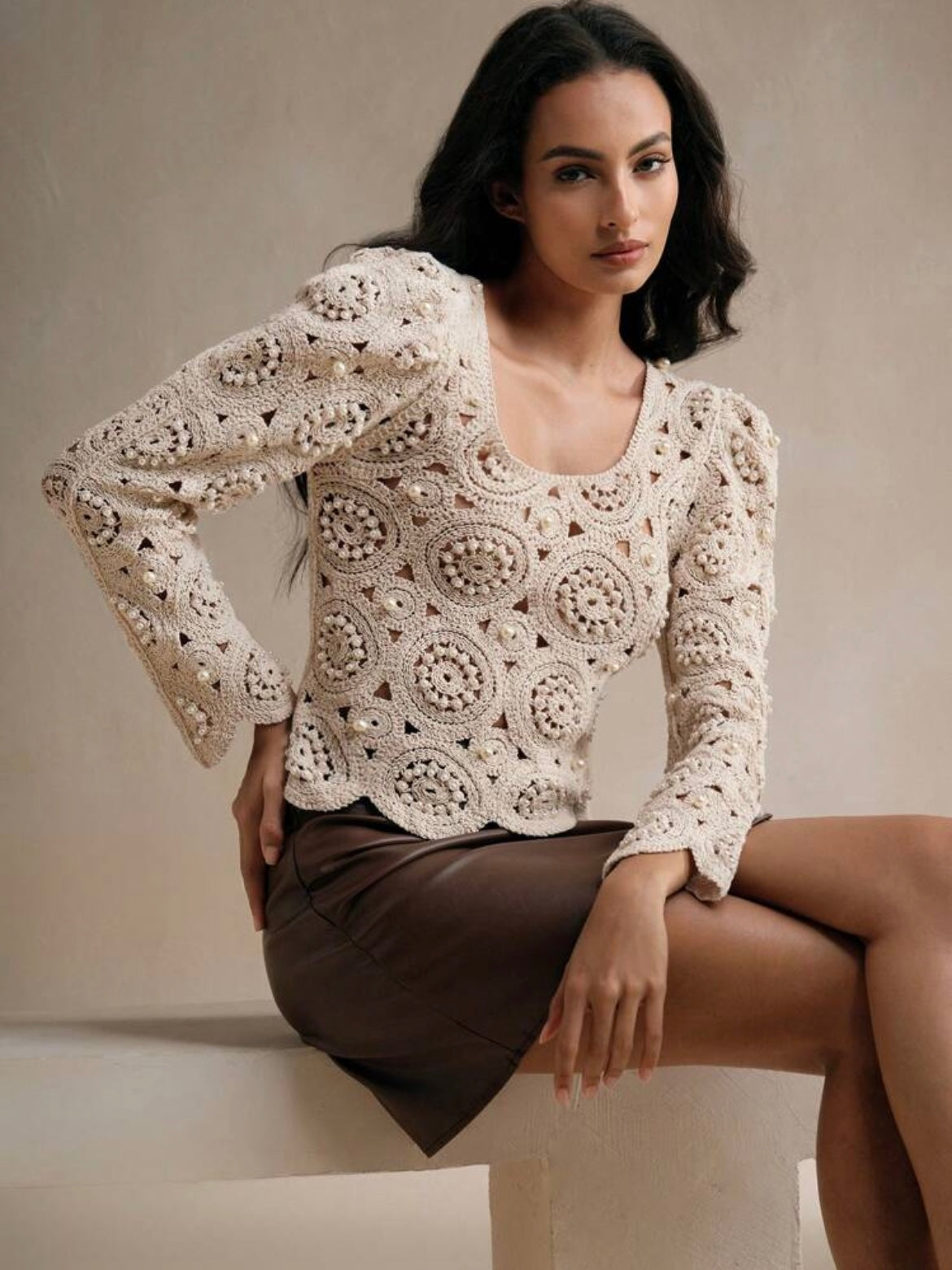 CM-TS061691 Women Elegant Seoul Style Square Neck Hollow Out Lantern Sleeve Blouse - Apricot