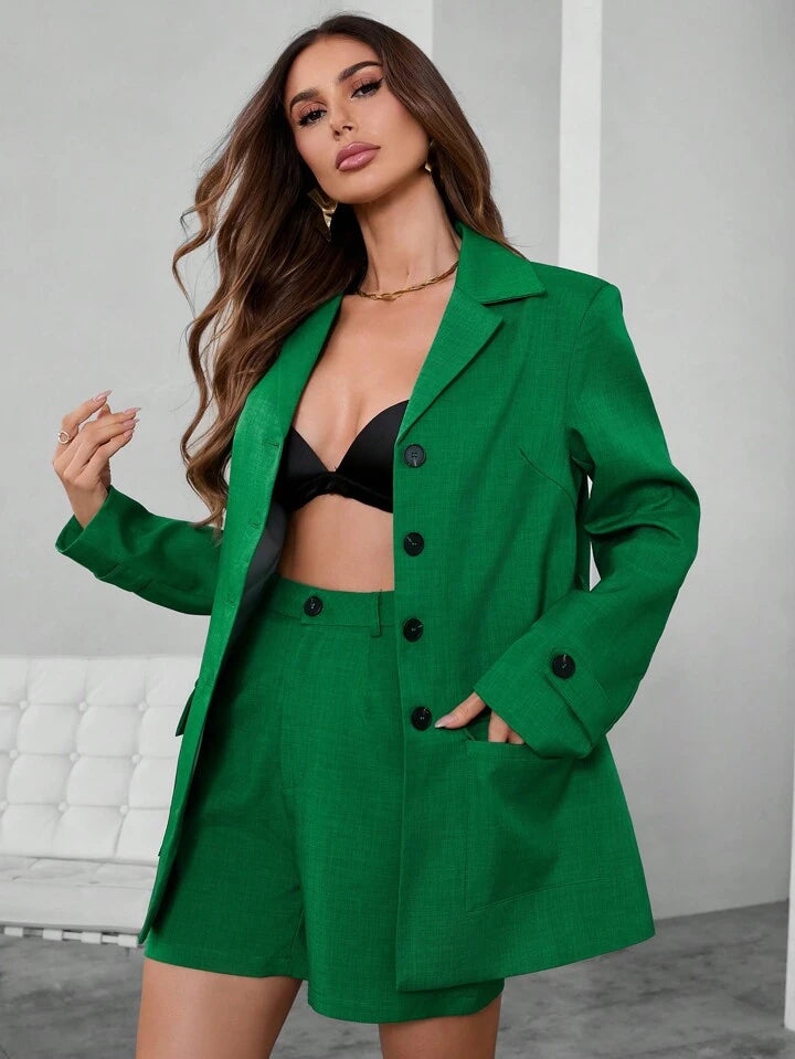 CM-SS420767 Women Elegant Seoul Style Lapel Neckline Long Sleeve Blazer With Shorts Suit - Green