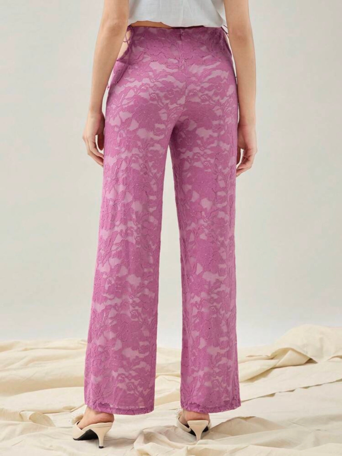 CM-BS032552 Women Elegant Seoul Style Cut Out Droop Waist Hollow Lace Straight Pants - Pink