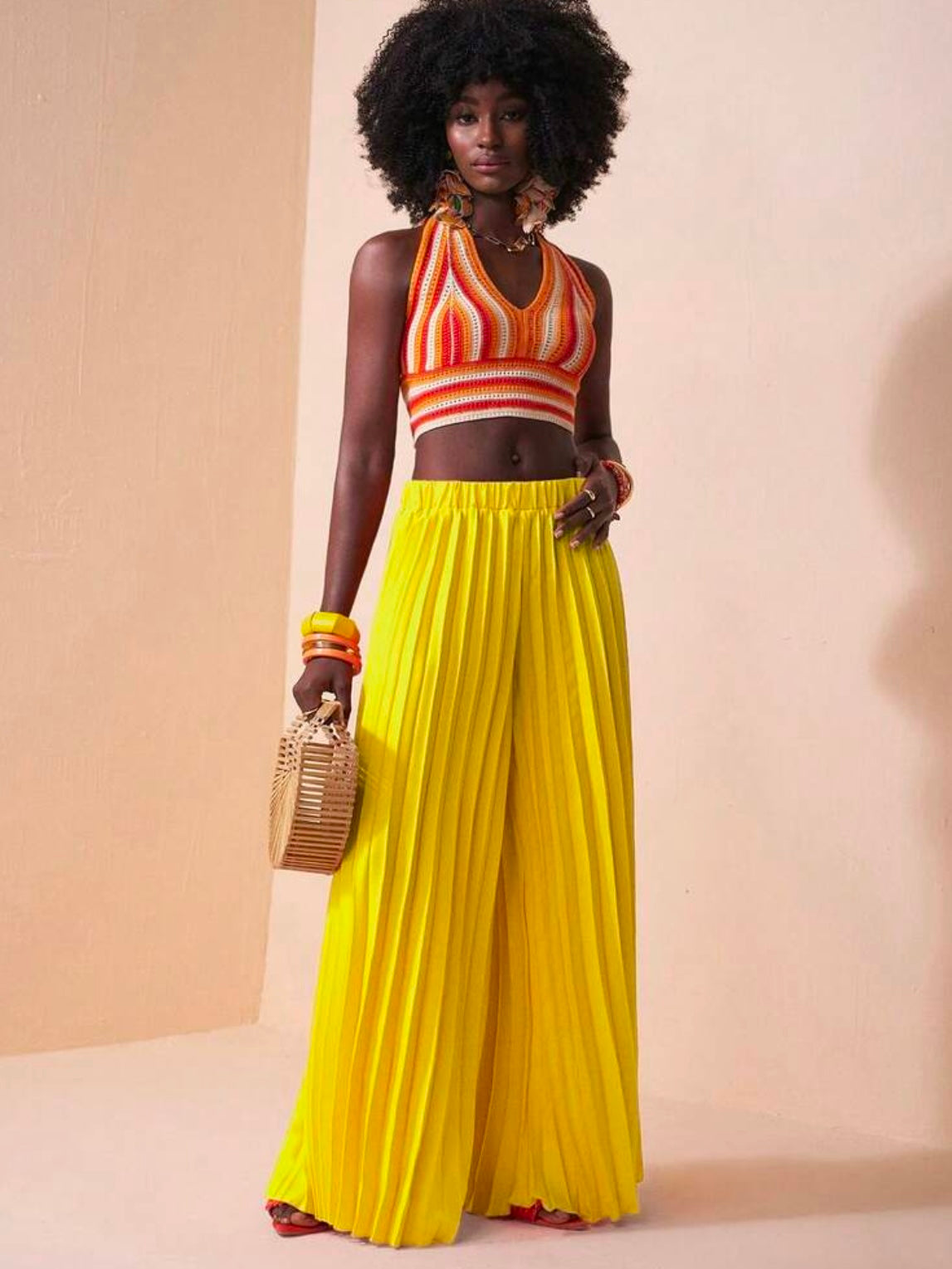 CM-BS848167 Women Trendy Bohemian Style Elastic Waist Pleated Large Hem Extra Long Wide Leg Pants - Yellow
