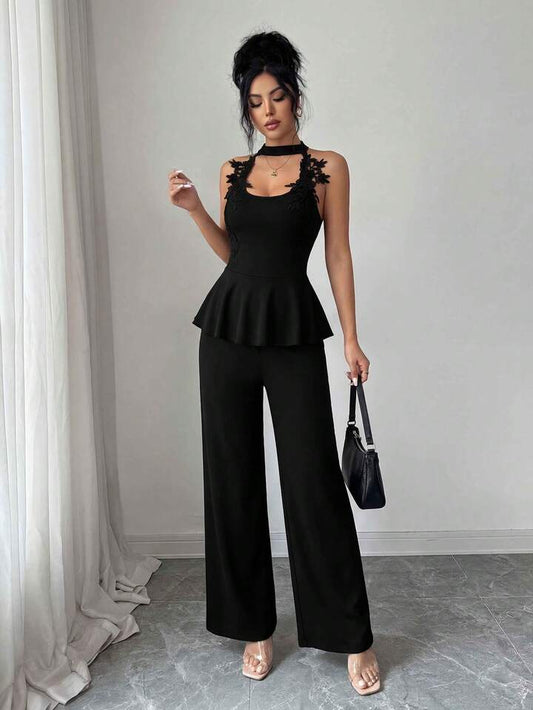 CM-JS958594 Women Elegant Seoul Style Halter Cutout Shoulder Applique Slim Fit Jumpsuit - Black