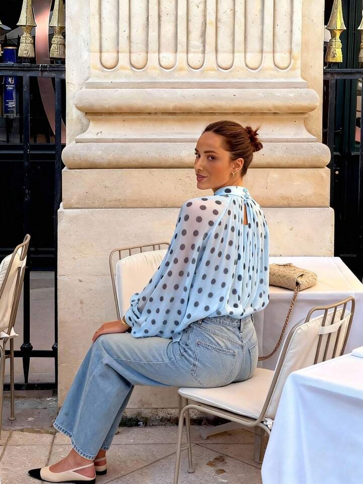 CM-TS433913 Women Elegant Seoul Style Bowknot Lantern Sleeve Polka Dot Pattern Pleated Blouse - Baby Blue