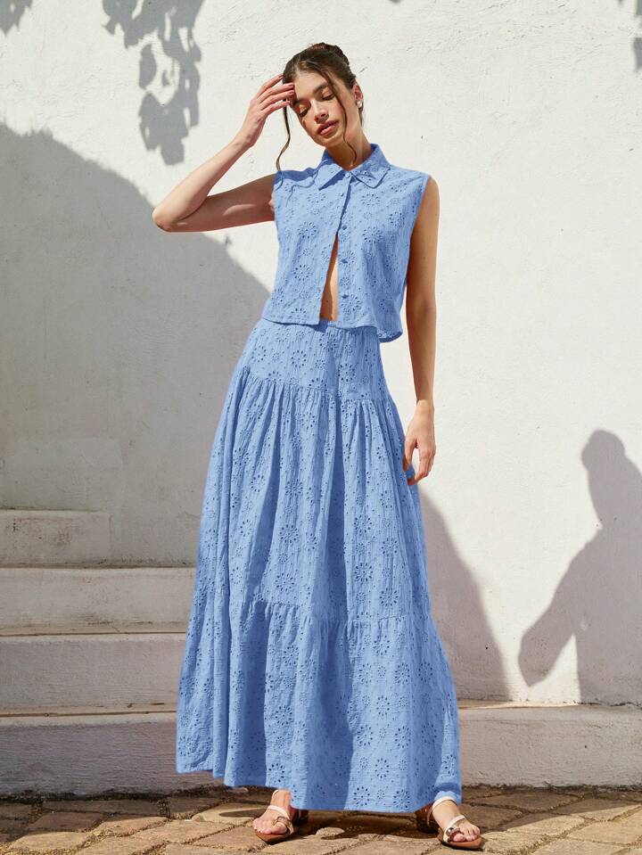 CM-SS287707 Women Casual Seoul Style Shirt Collar Sleeveless Loose Blouse With Ruched Maxi A-Line Skirt - Set