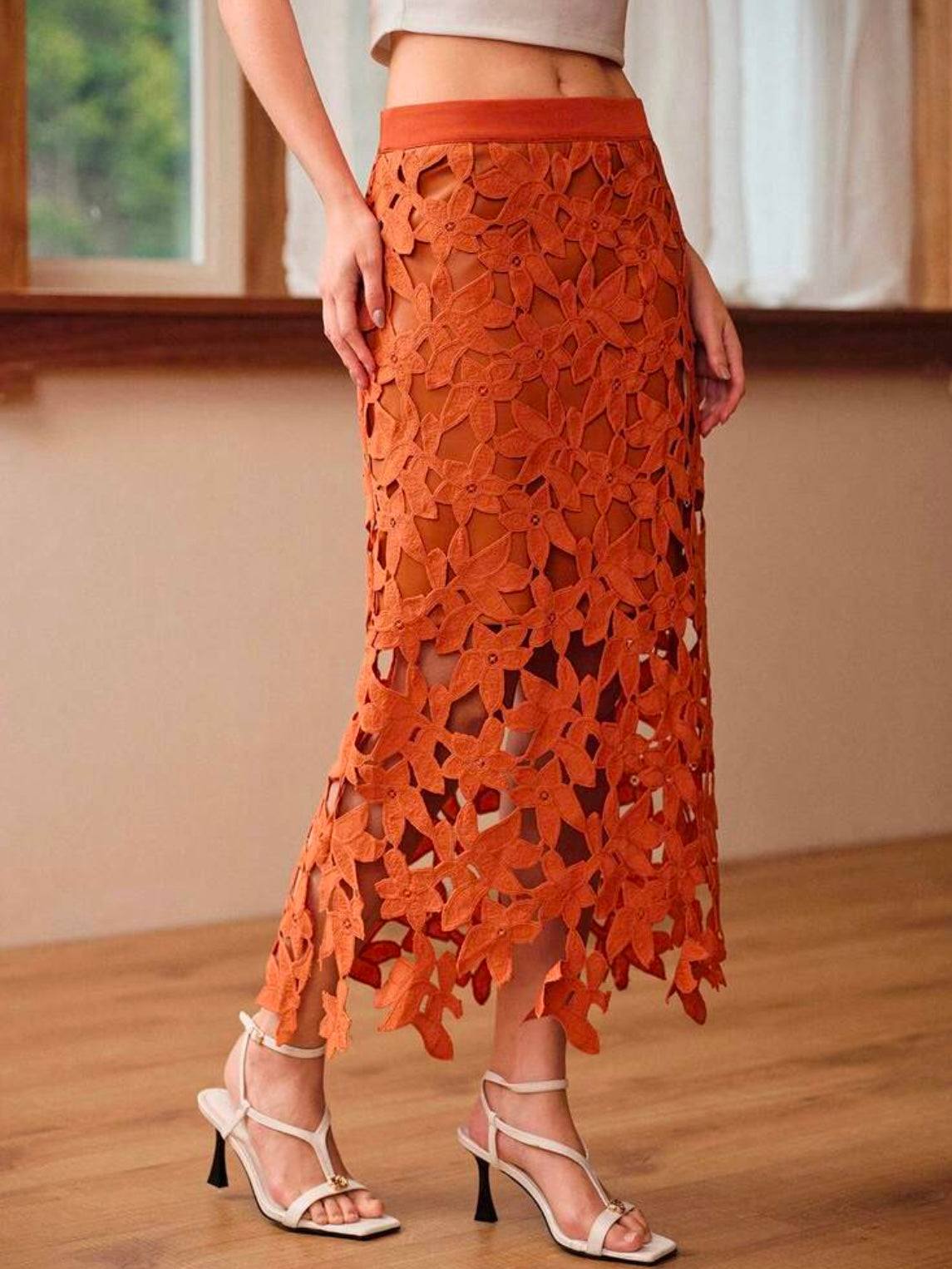 CM-BS723590 Women Elegant Seoul Style Mid Waist Hollow Out Asymmetrical Long Skirt - Orange