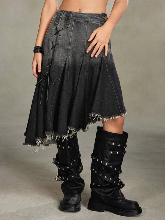 CM-BS935301 Women Casual Seoul Style Asymmetrical Hem Frayed A-Line Denim High Waist Skirt