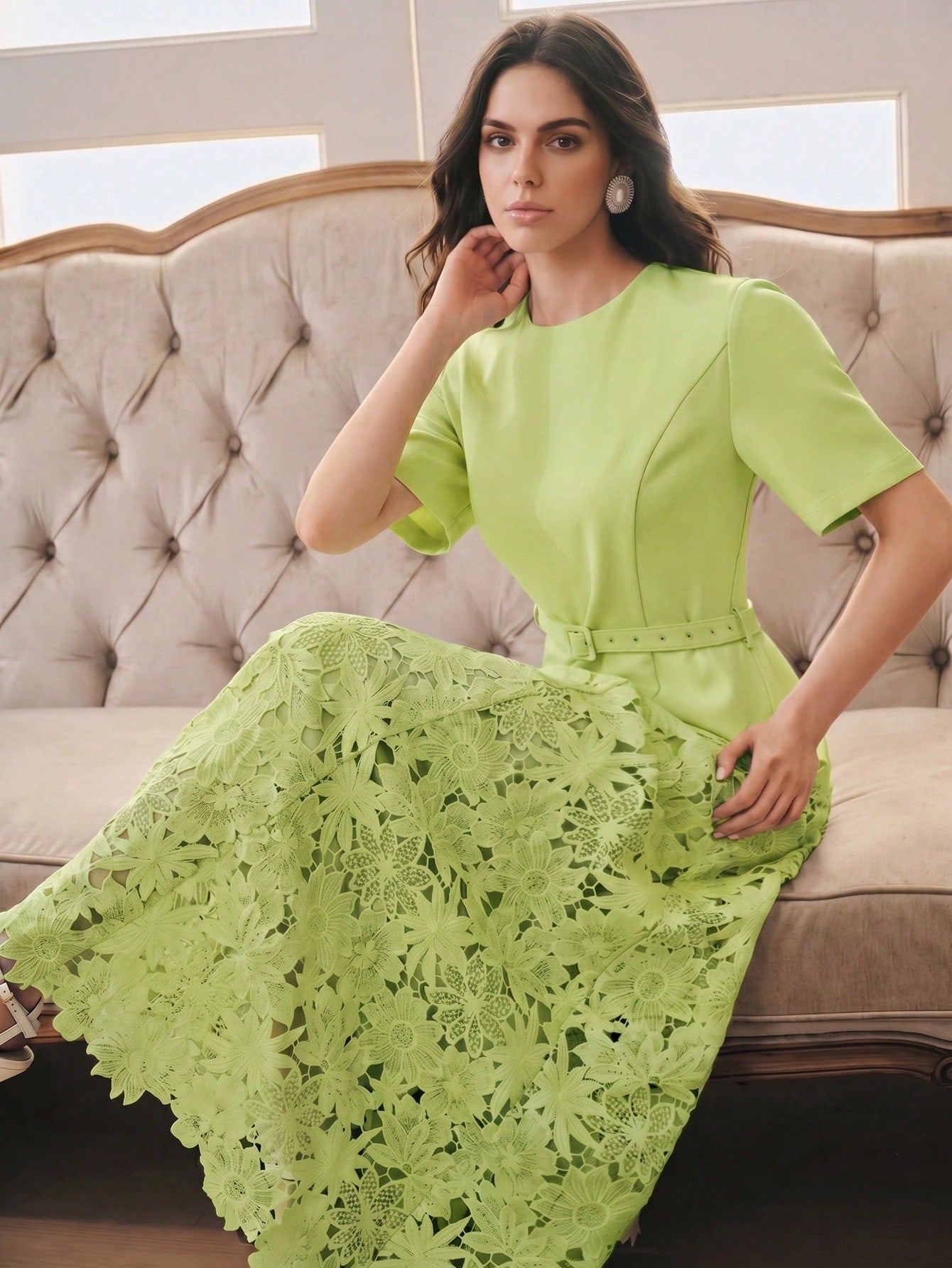 CM-DS406854 Women Elegant Seoul Style Round Neck Short Sleeve Water-Soluble Lace Patchwork A-Line Dress - Green