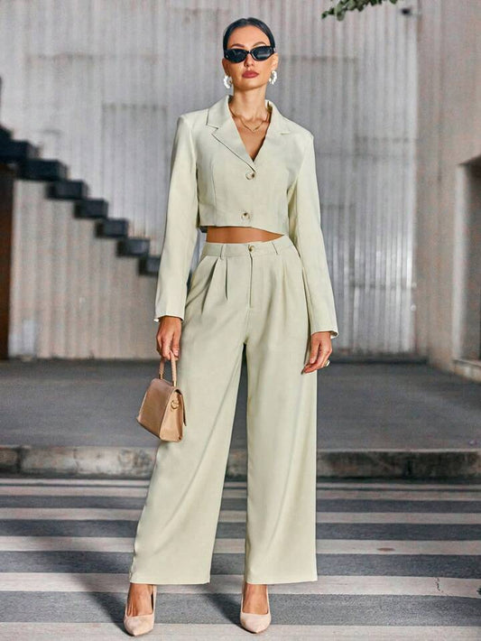 CM-SS487251 Women Elegant Seoul Style Single-Breasted Cropped Long SleeveBlazer With Pants Suit