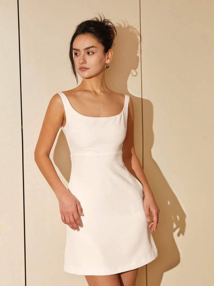 CM-DS239207 Women Elegant Seoul Style Solid Scoop Neck Sleeveless Mini Dress - White
