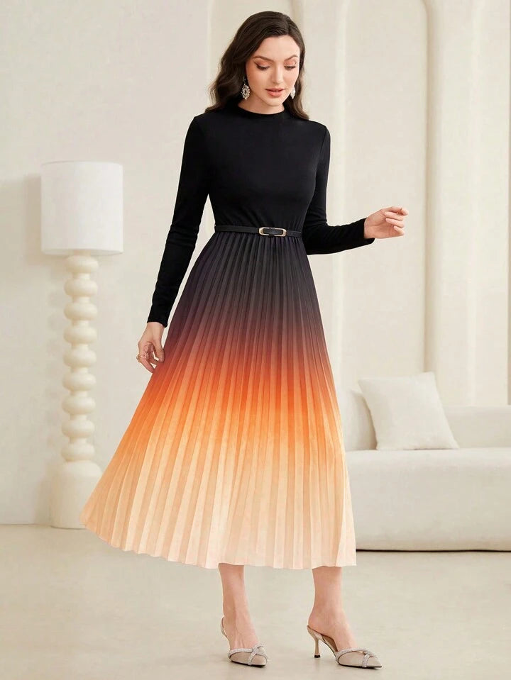 CM-DS739929 Women Elegant Seoul Style Stand Collar Gradient Ruffle Hem Midi Dress