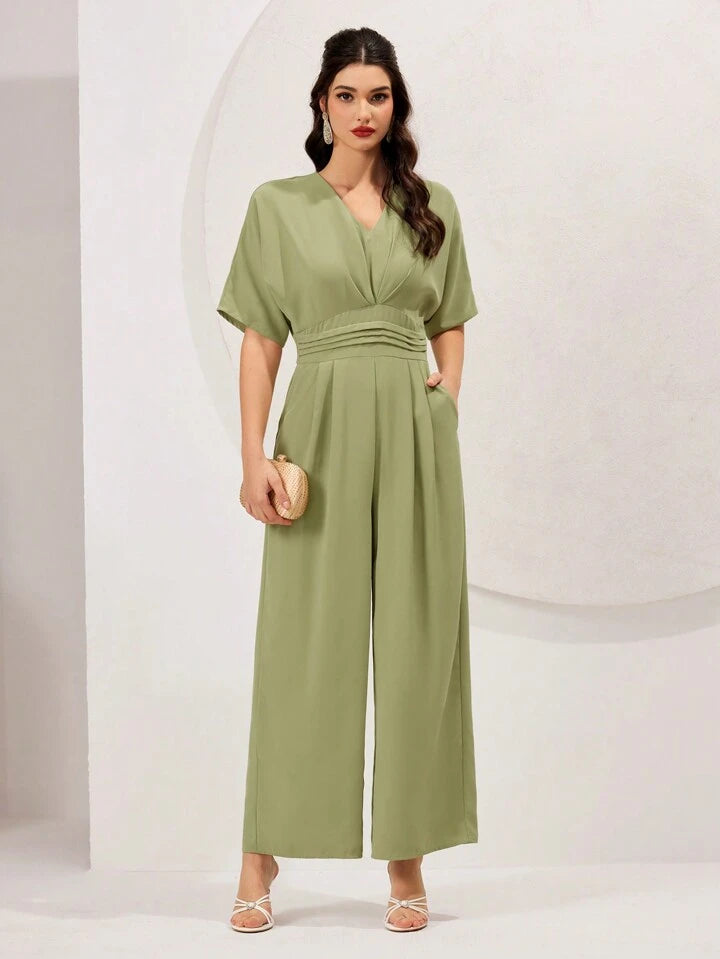 CM-JS376958 Women Casual Seoul Style V-Neck Batwing Short Sleeve Jumpsuit - Green