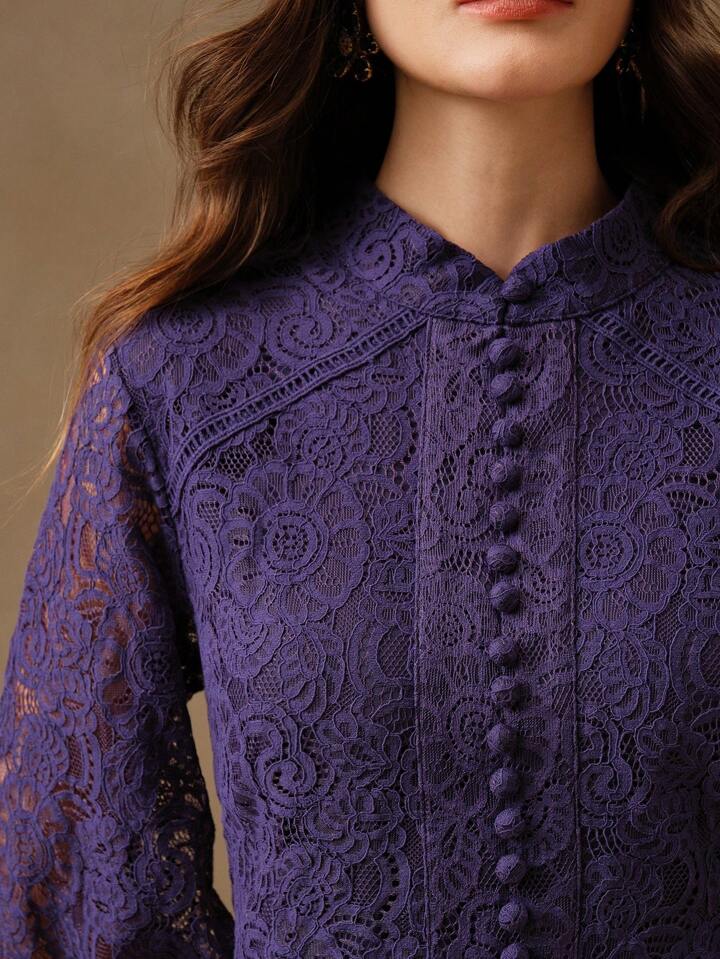 CM-DS393199 Women Elegant Seoul Style Lace Mandarin Collar Long Sleeve A-Line Dress - Purple