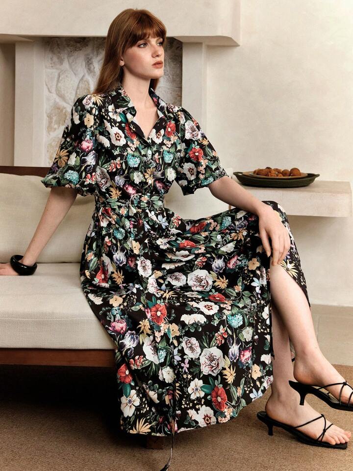 CM-DS232225 Women Casual Seoul Style Floral Print Elastic Waist Ruched Puff Sleeve Belted Midi Dress - Black