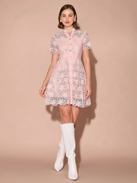 CM-DS155006 Women Elegant Seoul Style V-Neck Lace Short Sleeve Single-Breasted Mini Dress - Pink
