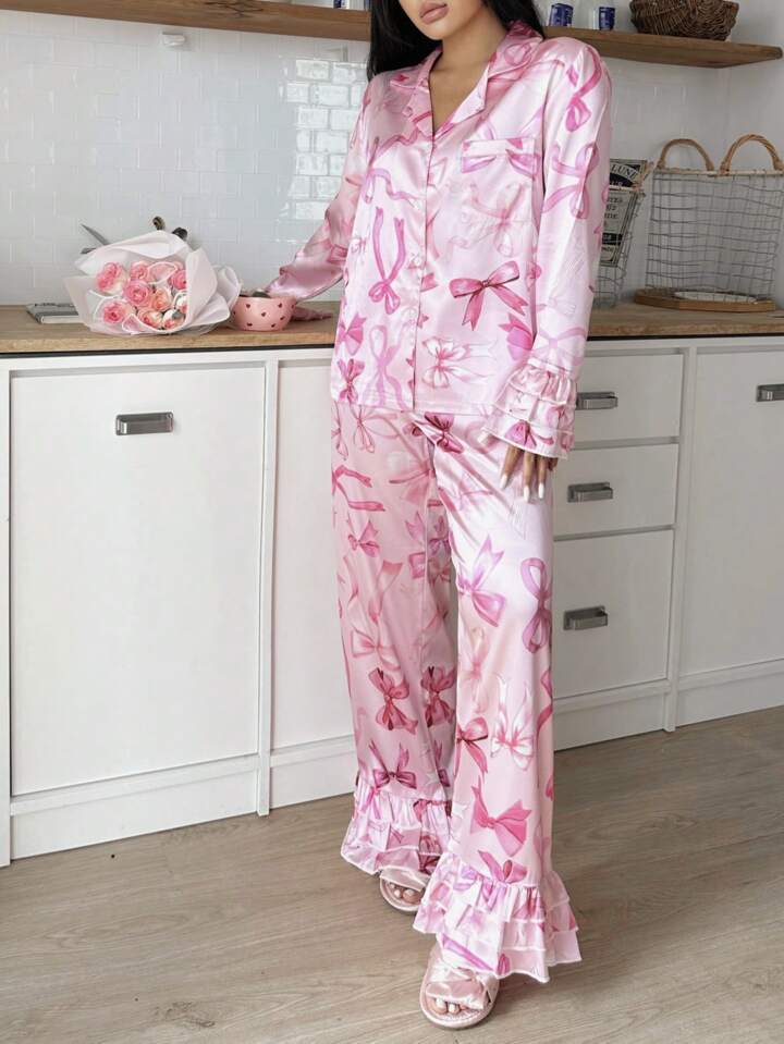 CM-LS386810 Women Trendy Seoul Style Bow Tie V-Neck Long Sleeve Satin Collar Pajama Set