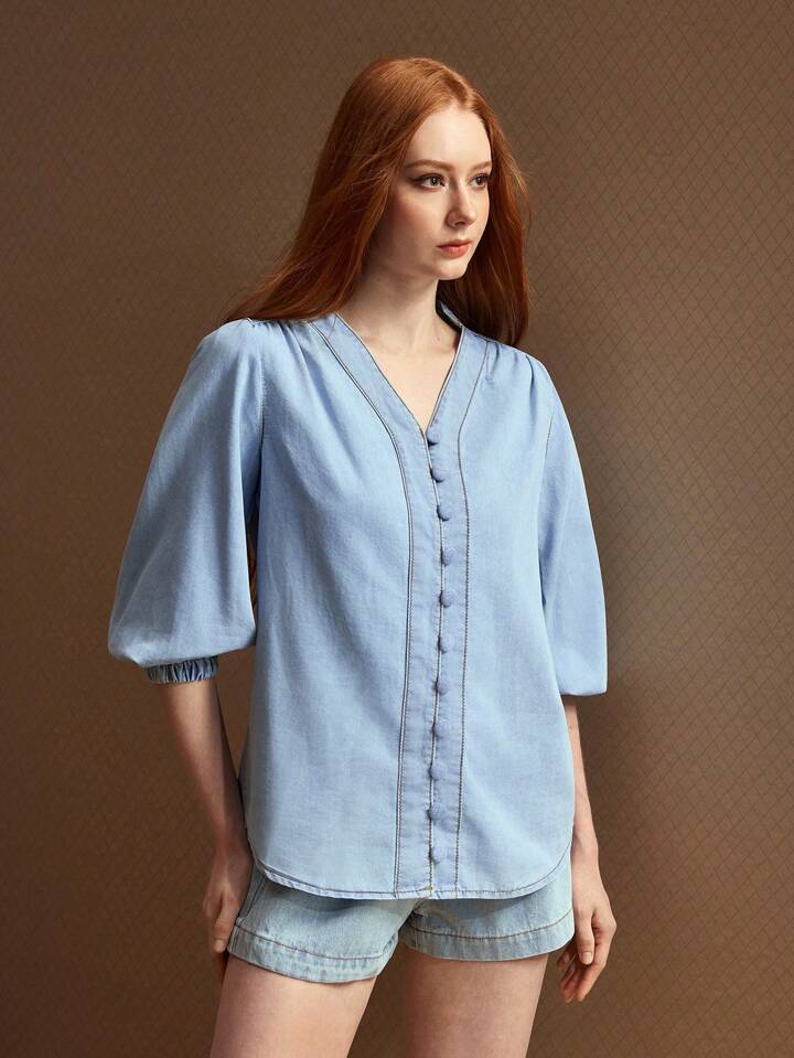 CM-TS906161 Women Casual Seoul Style Notched Neckline 3/4 Sleeve Single-Breasted Denim Blouse - Blue