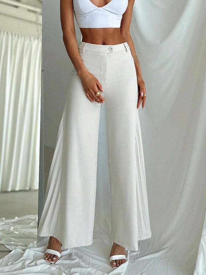 CM-BS567468 Women Casual Seoul Style Wide Leg Side Pleated Long Pants - White