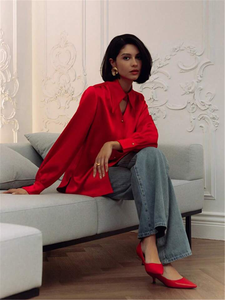 CM-TS338316 Women Elegant Seoul Style Open Shirt Collar Long Sleeve Blouse - Red