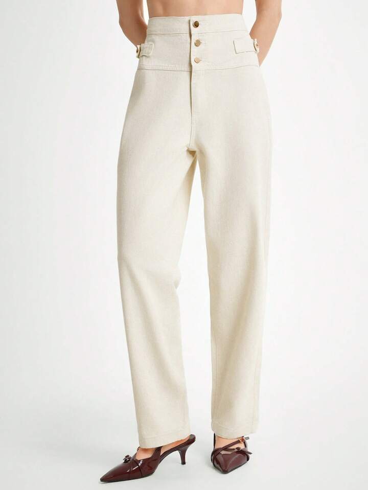 CM-BS240424 Women Casual Seoul Style Ultra High Waist Plain Extra Long Straight Leg Jeans - Beige