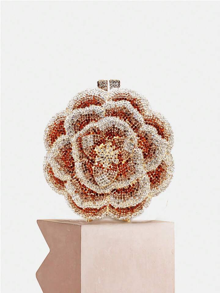 CM-BGS056004 Women Elegant Seoul Style Floral Design Rhinestone Crystal Handmade Clutch Bag - Gold