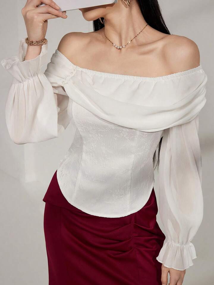 CM-TS677372 Women Elegant Seoul Style Off the Shoulder Flare Sleeve Chiffon Shirt - White