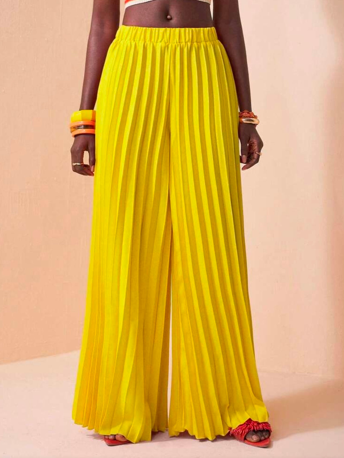 CM-BS848167 Women Trendy Bohemian Style Elastic Waist Pleated Large Hem Extra Long Wide Leg Pants - Yellow