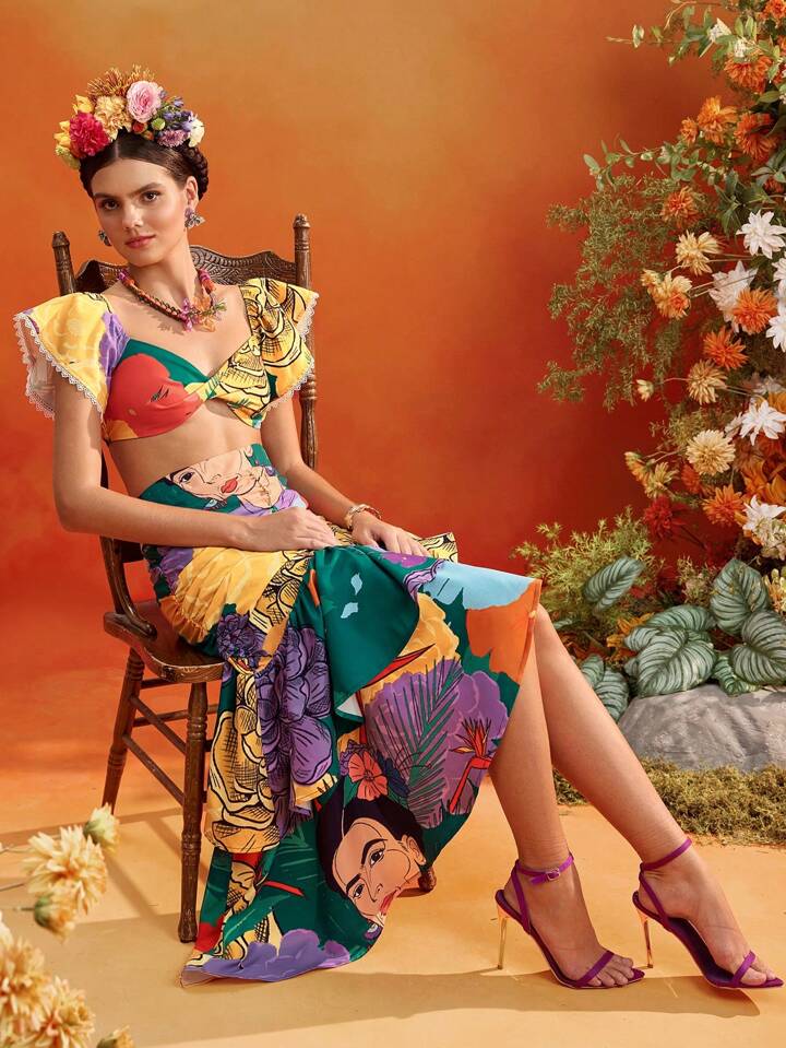 CM-BS361862 Women Elegant Seoul Style Floral Print High Waist Ruffles Layered Ruched Asymmetrical Skirt