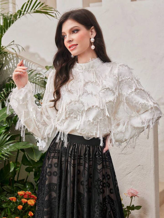 CM-TS384394 Women Elegant Seoul Style Cutout Embroidery Tassel Lantern Sleeve Shirt