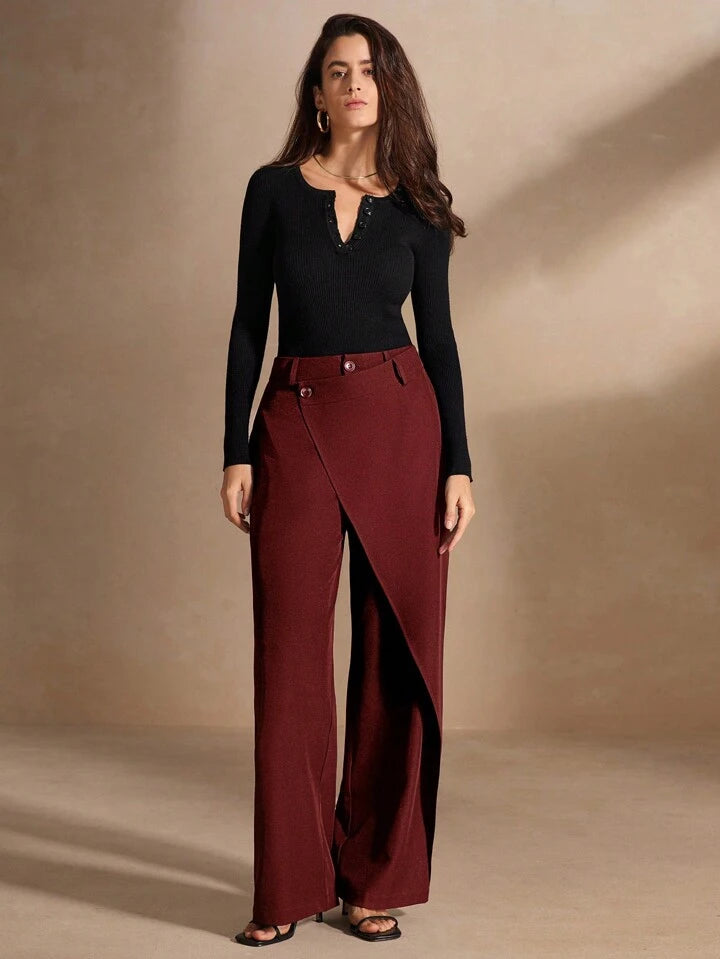 CM-BS439342 Women Elegant Seoul Style Asymmetrical Draping Cross-Wrap Pockets Straight-Leg Pants - Red