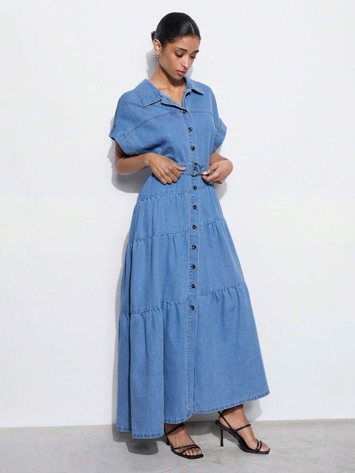 CM-DS583059 Women Casual Seoul Style Medium Wash Collar Neckline Batwing Sleeve Loose Denim Dress