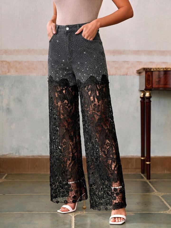 CM-BS979972 Women Elegant Seoul Style Mid Waist Lace Rhinestone Straight Leg Pants - Black