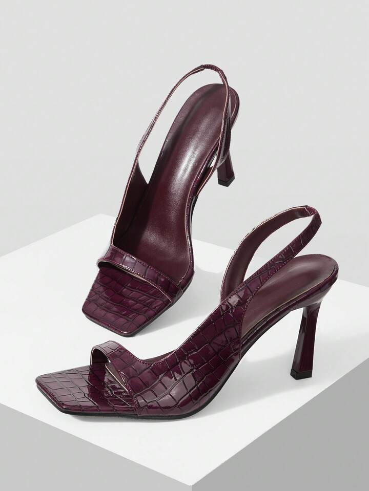 CM-SHS994189 Women Trendy Seoul Style Crocodile Pattern Slingback Square Toe Stiletto Sandals - Burgundy