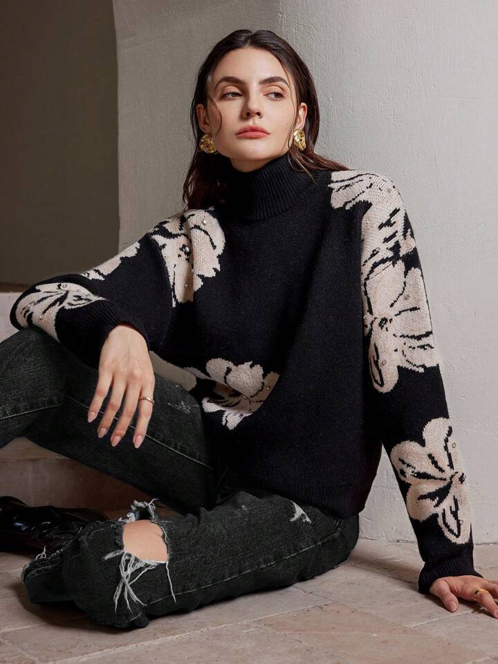 CM-CS877373 Women Casual Seoul Style Stand Collar Long Sleeve Floral Rhinestone Embellished Sweater