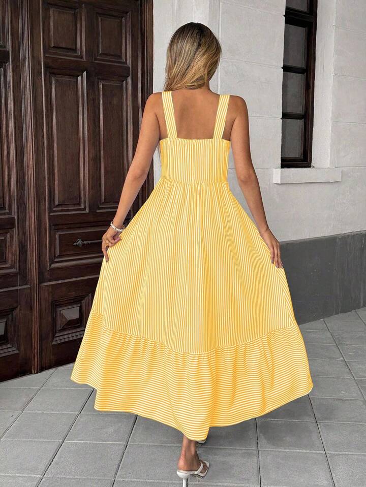 CM-DS108061 Women Trendy Bohemian Style V-Neck Sleeveless Striped Criss-Cross Dress - Yellow