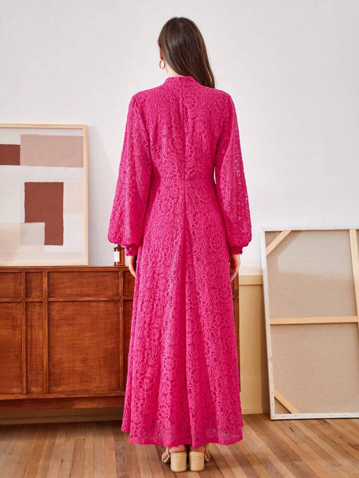CM-DS807079 Women Elegant Seoul Style Lace Mandarin Collar Long Sleeve A-Line Dress - Hot Pink