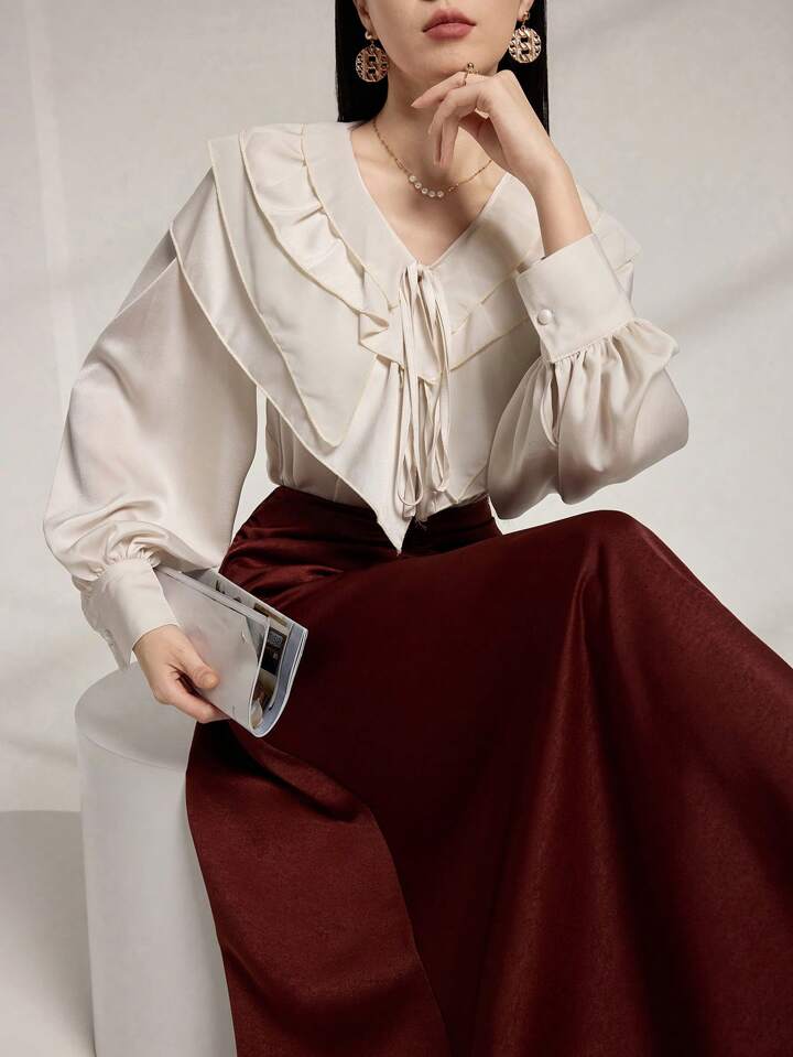 CM-TS880823 Women Elegant Seoul Style Flounce Collar Ruffle Trim Tied Chiffon Blouse - Apricot