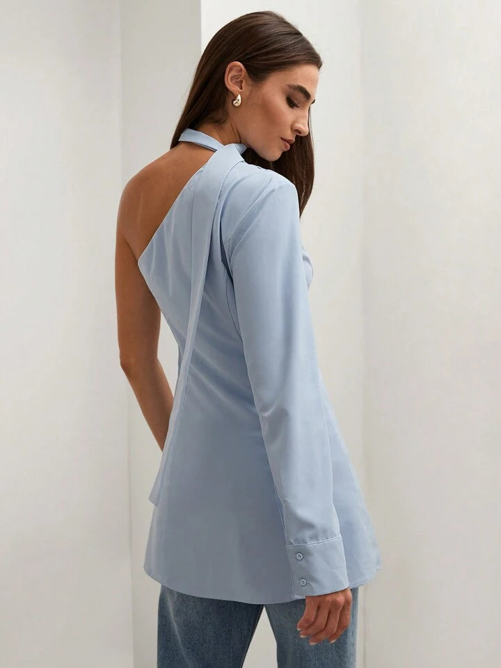 CM-TS864404 Women Casual Seoul Style Asymmetric Collar One Shoulder Long Sleeve Blouse - Baby Blue