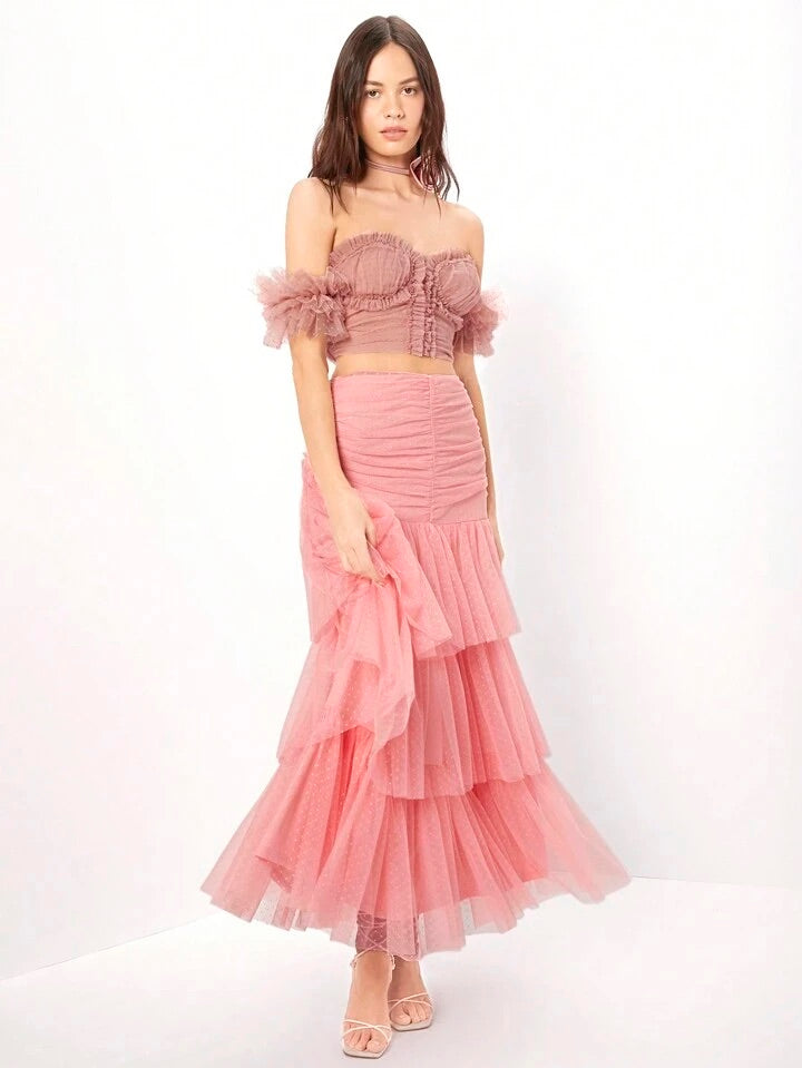 CM-BS236668 Women Elegant Seoul Style High Waisted Mesh Layers Ruffle Trim Skirt - Pink