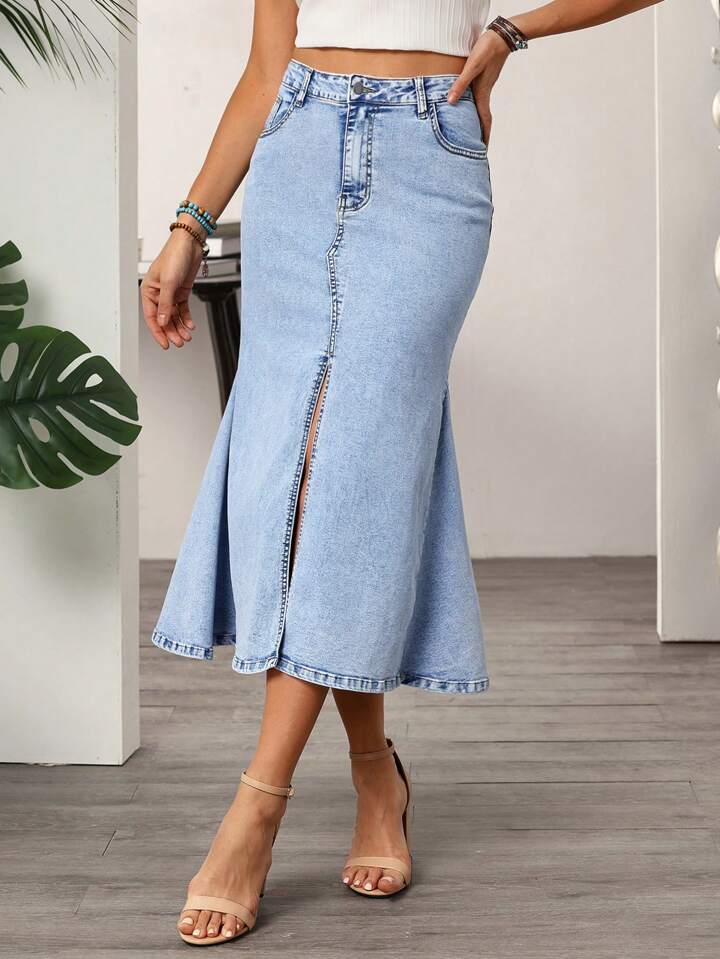 CM-BS277461 Women Casual Seoul Style Washed Slit Mermaid Hem Denim Skirt - Blue