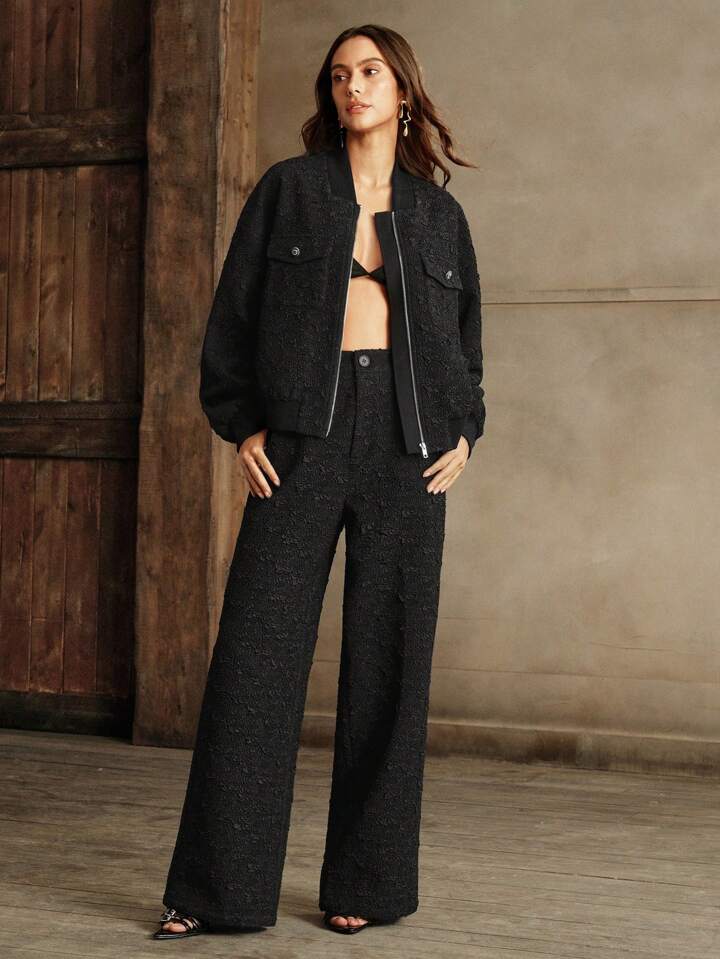 CM-BS522392 Women Elegant Seoul Style Minimalist Textured Wide Leg Pants - Black