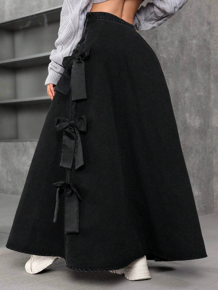 CM-BS823825 Women Casual Seoul Style Lace Up Bow Decor Loose Denim Skirt - Black
