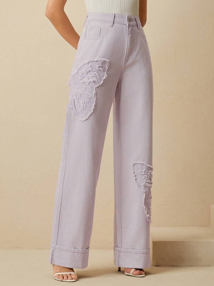 CM-BS337353 Women Casual Seoul Style Mid Waist Embroidered Straight Leg Jeans - Purple