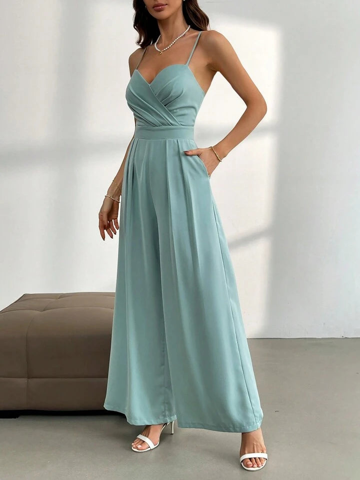 CM-JS227971 Women Elegant Seoul Style V-Neck Spaghetti Straps High Waist Jumpsuit - Mint Green