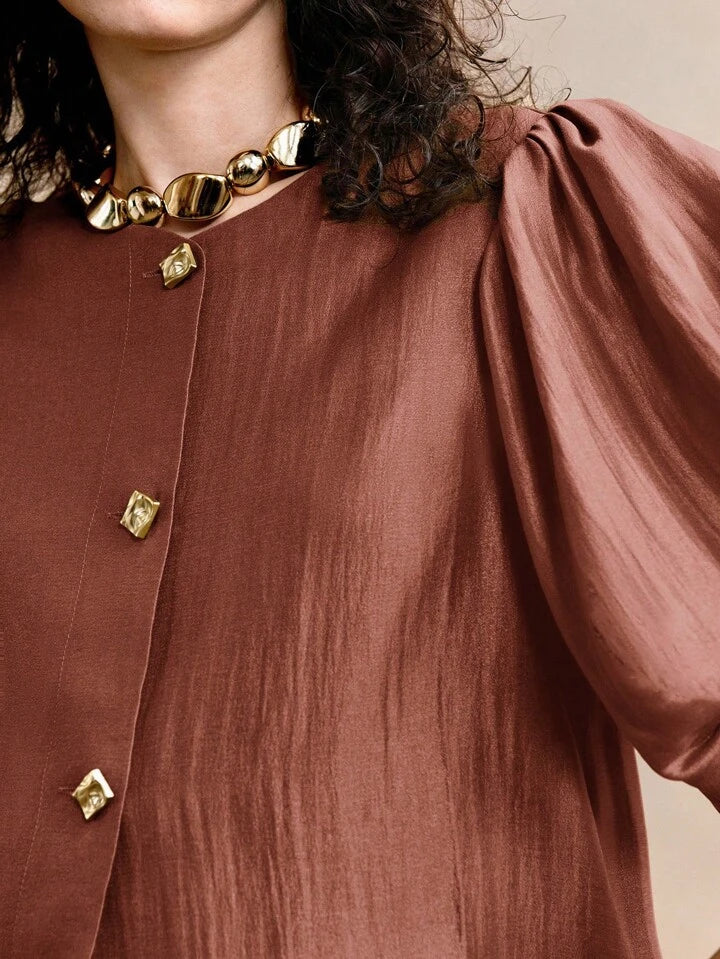 CM-TS081754 Women Elegant Seoul Style Satin Round Neck Puff Sleeve Golden Metal Button Decor Blouse - Maroon